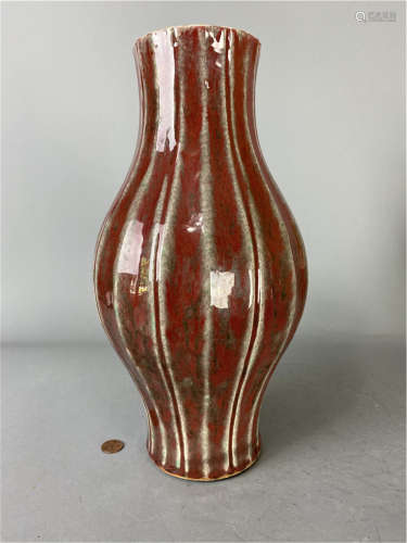 Chinese Red glazd porcelain Melon ribbed vase
