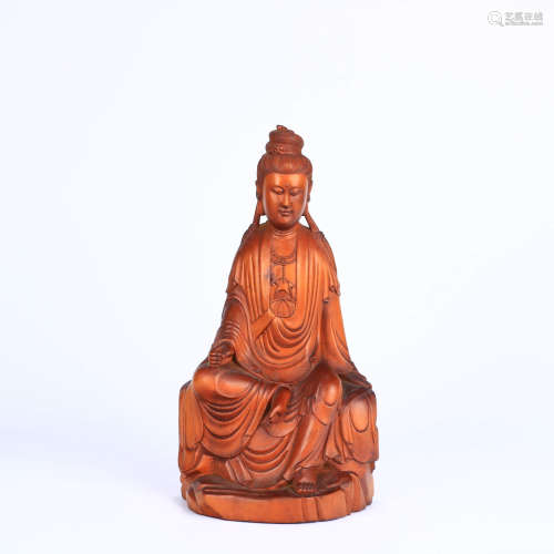A Boxwood Carved Guanyin Statue