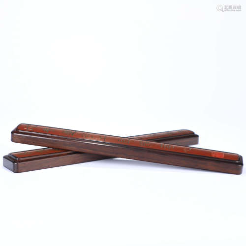 An Inscribed Red Sandalwood Paper Weight Bamboo Inlaid