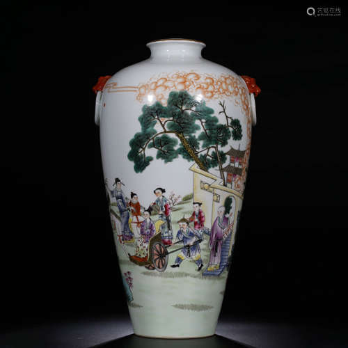Qing, Mark of Made in Daqing QianLong Period Famille Rose Chractoers Story Beast Ear Plum Vase