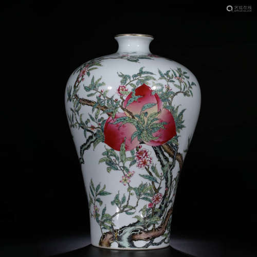 Qing, Mark of Made in Daqing QianLong Period Famille Rose Plum Vase with Longevity Peach Pattern