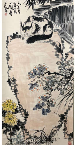 A Chinese Cat and Flowers Painting Scroll, Pan Tianshou Mark