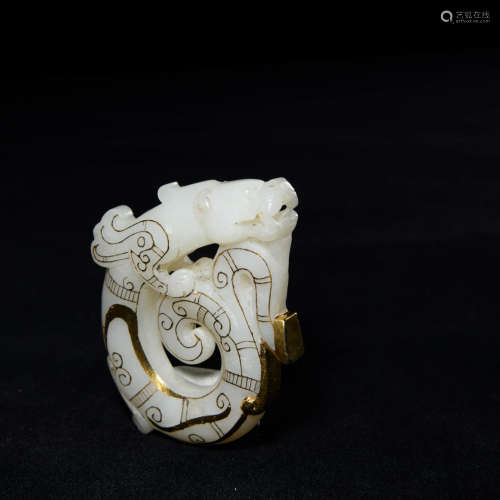 A Gold Inlaid White Jade C-shaped Dragon Ornament
