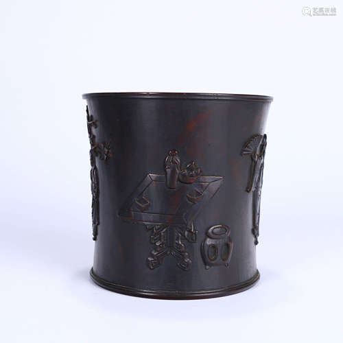 A Lobular Red Sandalwood Carved Figure Brush Pot