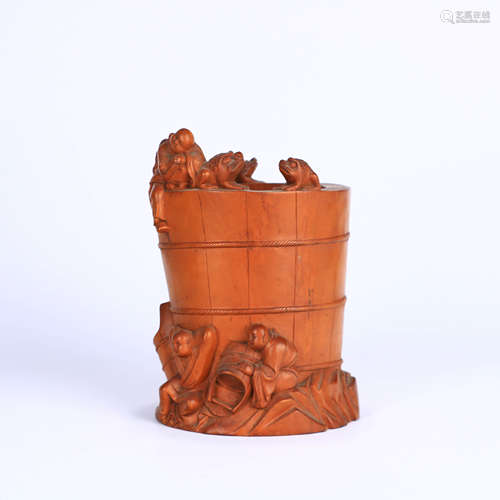 An Imitation Bamboo Boxwood Carved Brush Pot