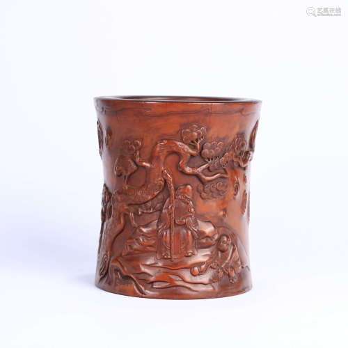 A Figure Carved Boxwood Brush Pot