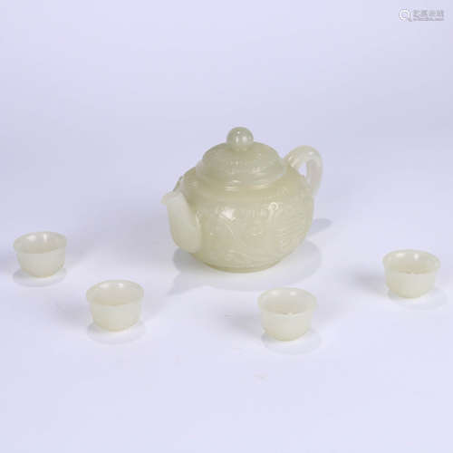 A Set of Hetian Jade Pot and Cups