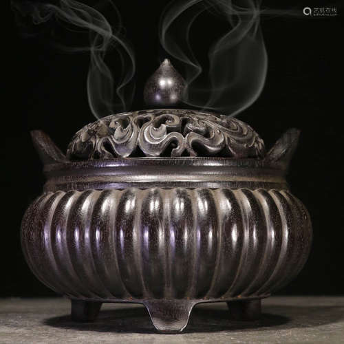 Old collection. Small Leaf Red Sandalwood Hand-Carved Melon Prismatic Binaural Aromatherapy Burner