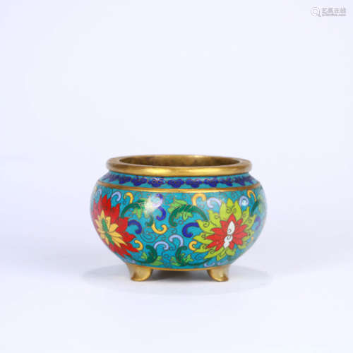 A Floral Cloisonne Three-legged Gild Bronze Incense Burner