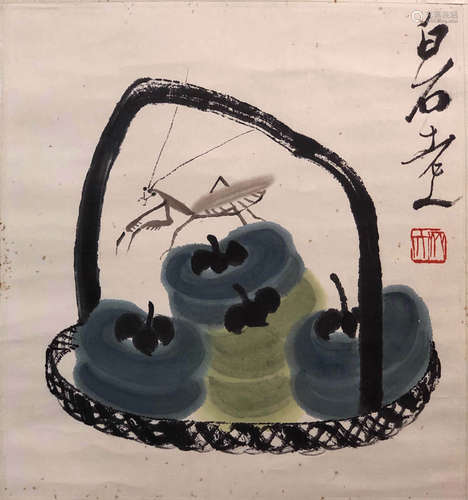 Baishi the Elder Inscription ‘Green Persimmon and Praying Mantis’ Chinese Ink Painting