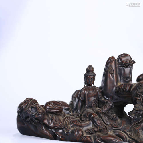 A Red Sandalwood Carved Guanyin Rockery Ornament