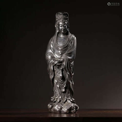 Qing Statue of Guanyin With Pure Silver on Purifying Bottle