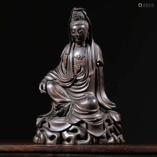 Qing Small Leaf Red Sandalwood Carved Guanyin Statue