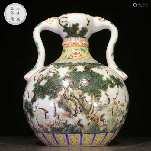 Mingguo Period Hand-Drawing Famille Rose Glaze Pine and Crane  Painting Porcelain Vases With Double Ears 