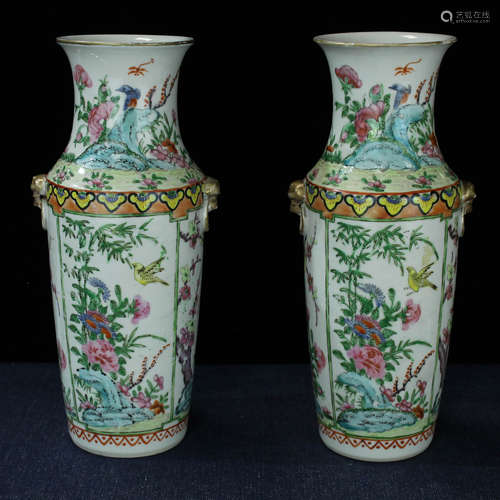 A Pair of Guangdong Decorated Export Flower & Bird Vase, with Two Handles