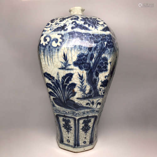 Ming Dynasty, Blue and White Figure Pattern Octagonal Prunus Porcelain Vase