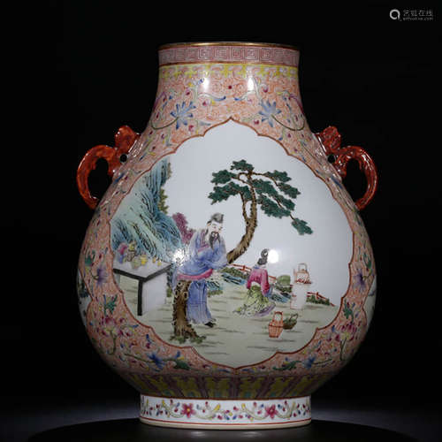 Qing, Mark of‘Made in YongZheng Period' Famille Rose Flower Consecration Figure Double Ears Vase