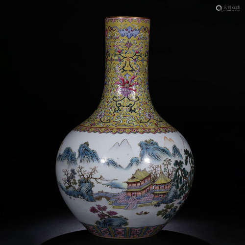 Qing, Mark of ‘Made in DaQing QianLong Period 'Famille-Color Landscape Appreciation Vase