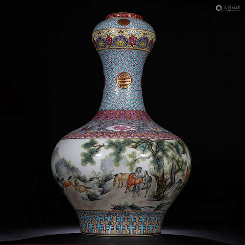 Qing, Mark of ‘Made in DaQing QianLong Period' Famille-colored Pastoral Garlic Head Vase