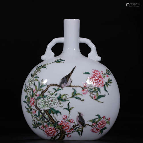 Qing, Enamel Flower and Bird Embracing Moon Pattern Vase