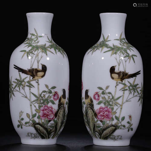 Qing, A Pair of Enamel Vases Vith Flowers and Birds