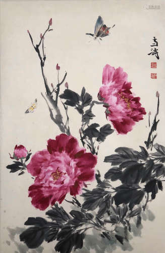 Wang Xuetao Inscription, ‘Butterflies On Peony’ Chinese Ink Painting