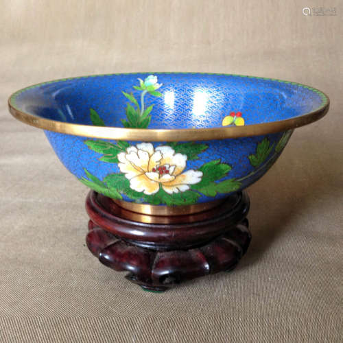 Cloisonne ‘Peony Pattern Open Mouth Bowl’, with Rosewood Base
