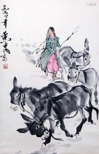 chinese painting of figure and donkey by huang zhou