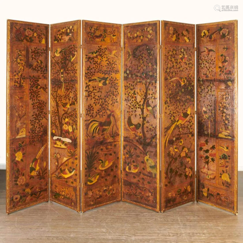 Continental Baroque 6-panel painted leather screen