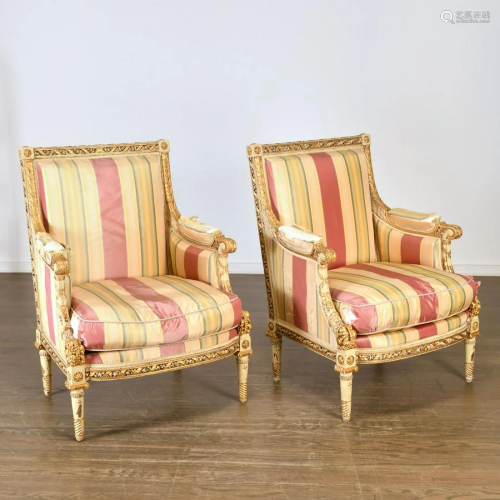 Superb pair Empire painted and gilt bergeres