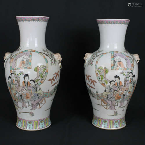 A Pair of Famille Rose Glaze Figures Painted Porcelain Vases, Minguo Period