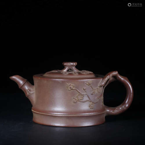 Mark of Wang Yinxian Made Carved Dark Red Enameled Pottery With Plum Pattern