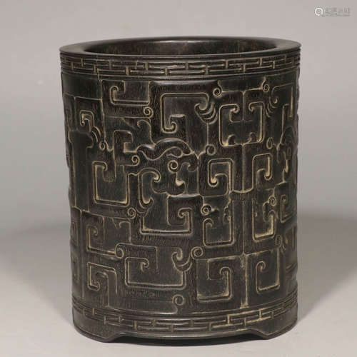 A Pair of Mingguo Period Hand Carved Pterocarpus Santalinus Dragon Pattern Brush Pot