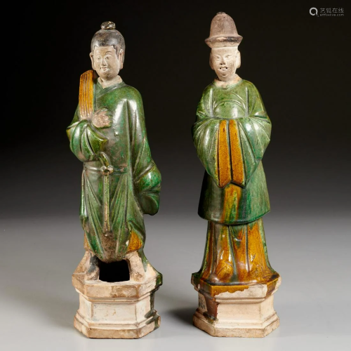 Pair large Chinese glazed earthenware attendants