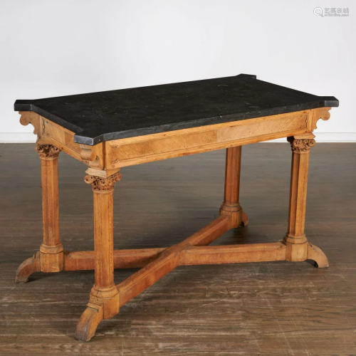 Nice Neo-Gothic oak marble top center table