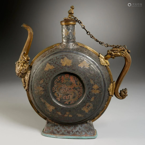 Himalayan damascened iron moon flask ewer