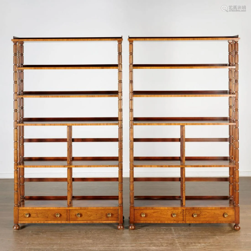 Baker Furniture, pair hardwood open bookcases