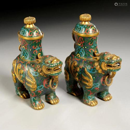 Pair Chinese cloissonne Qilin censers