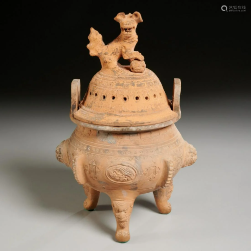 Old Tang-style Chinese terracotta lidded censer