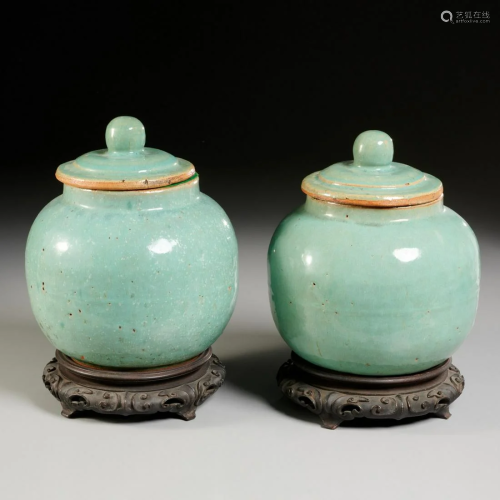 Pair Chinese celadon pottery lidded ginger jars