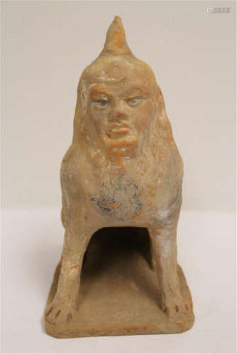 A rare Chinese Han pottery sculpture of beast with human face, 11.1