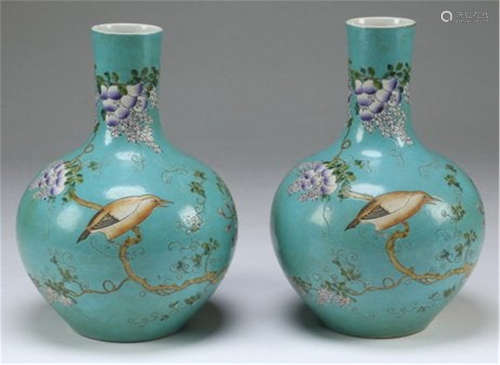 Pair of Chinese turquoise bottle neck vases H 42cm