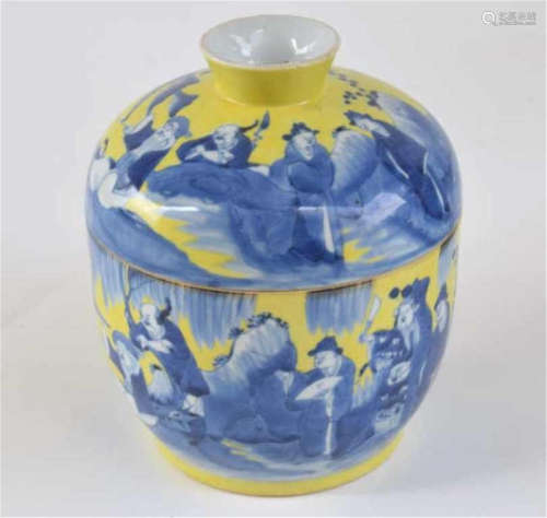 Chinese Qing Dynasty blue and yellow glaze character theme jar with cover