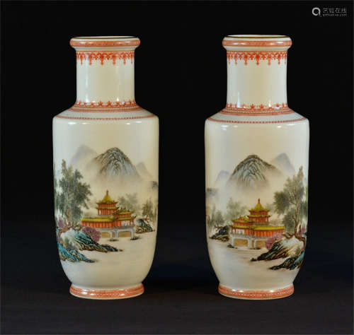Pair of Chinese landscape scene porcelain vase 1950 H:29CM