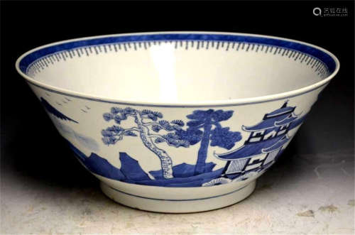 Large Antique Chinese Blue and White Porcelain Bowl; D: 15inches/38cm