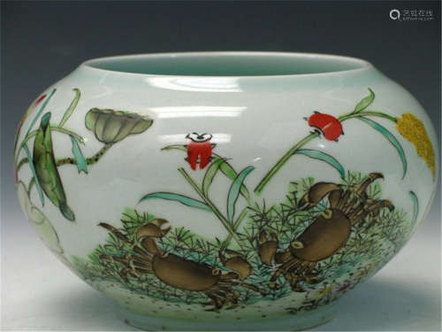 Chinese Famille Rose Porcelain Jar. Guangxu Mark. Ht 11 cm. Diameter 17 cm.