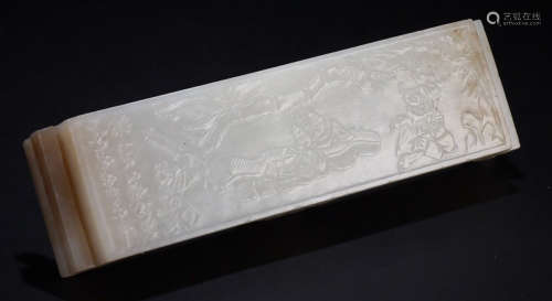 A HETIAN JADE CARVED STORY PATTERN ARM REST