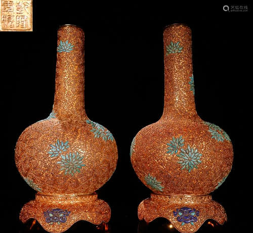 PAIR OF GILT BRONZE CASTED FLORAL PATTERN VASE