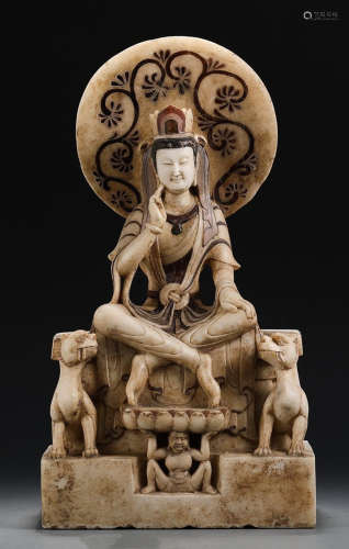 A MARBLE CARVED GUANYIN BUDDHA STATUE