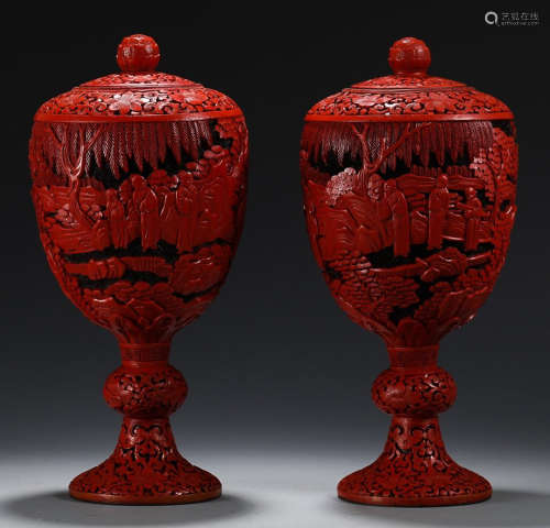 PIR OF LACQUER CARVED VASE